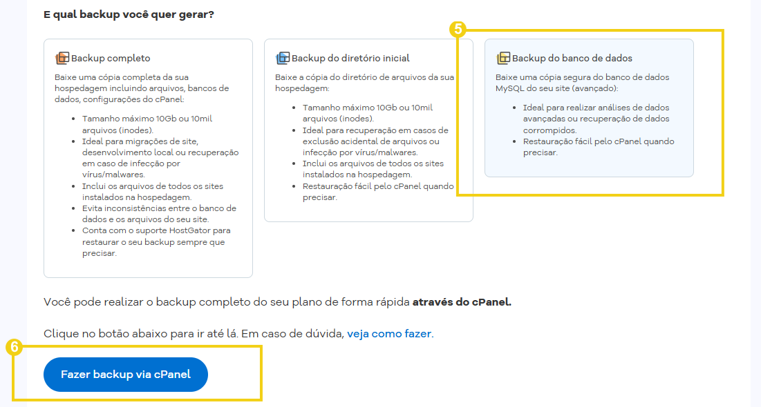 Tela de tutorial do cPanel perguntando “E qual backup você quer gerar?”, com opções de backup completo, backup do diretório inicial e backup do banco de dados, destacando o botão “Fazer backup via cPanel”