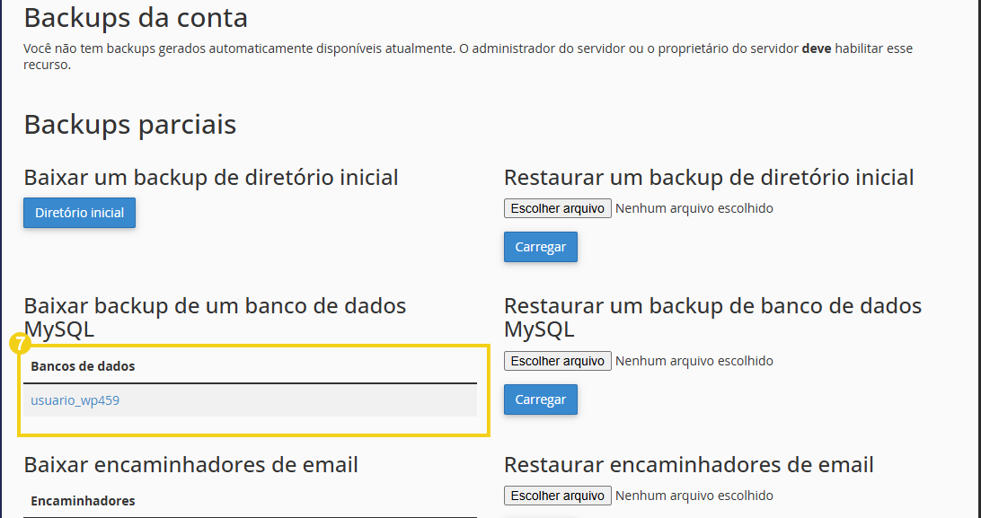 Tela de interface com opções de backups da conta: backups parciais para baixar e restaurar diretório inicial, banco de dados MySQL e encaminhadores de email com botões de escolher arquivo e carregar