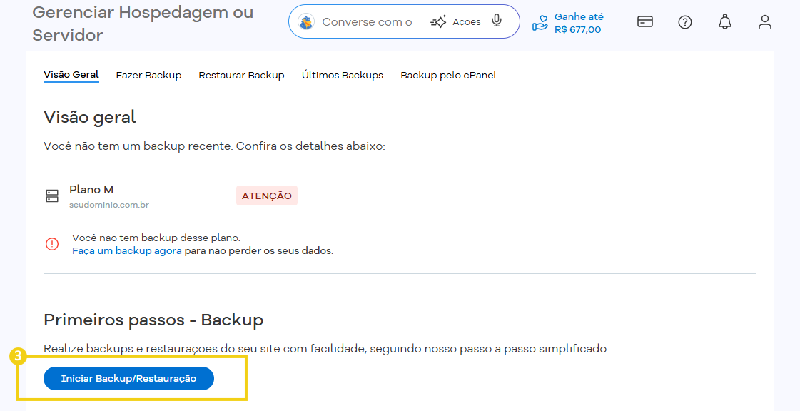 Tela de gerenciamento de hospedagem ou servidor mostrando a seção “Visão geral”, com aviso de atenção por não haver backup recente e botão “Iniciar Backup/ Restauração”.