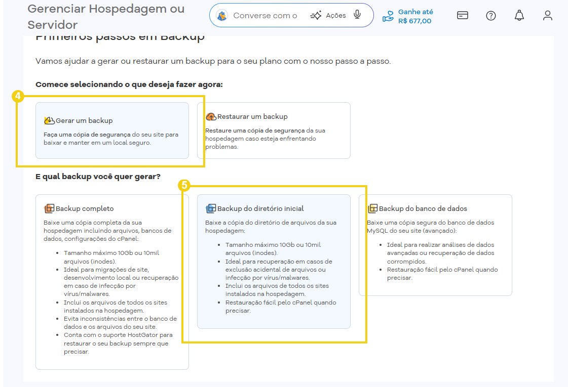 Tela de gerenciamento de hospedagem ou servidor com passo a passo para gerar ou restaurar backup, destacando opções como backup completo, backup do diretório inicial e backup do banco de dados