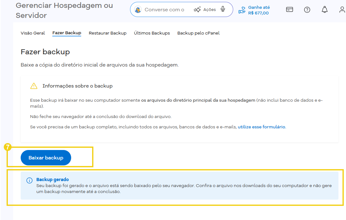 Tela de gerenciamento de hospedagem do servidor com a seção “Fazer backup”, aviso de informações sobre o backup e botão “Baixar backup”, além de    mensagem “Backup gerado” indicando download em andamento pelo navegador
