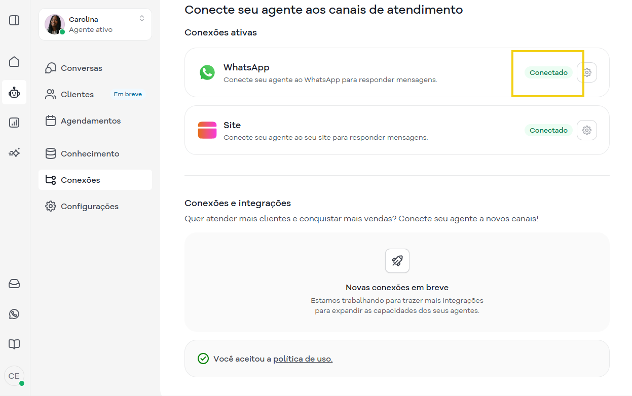 Imagem mostrando a conexão ativa no WhatsApp, ambiente digital com foco em suporte ao cliente, atendimento online e comunicação eficiente.