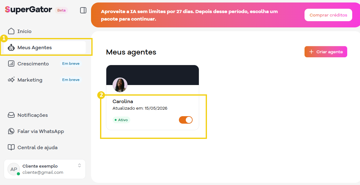 Tela do painel de gerenciamento de agentes com destaque para a opção Meus agentes, onde um agente chamado Gliolina está ativo, na plataforma SuperGator, voltada para automação de atendimento ao cliente.