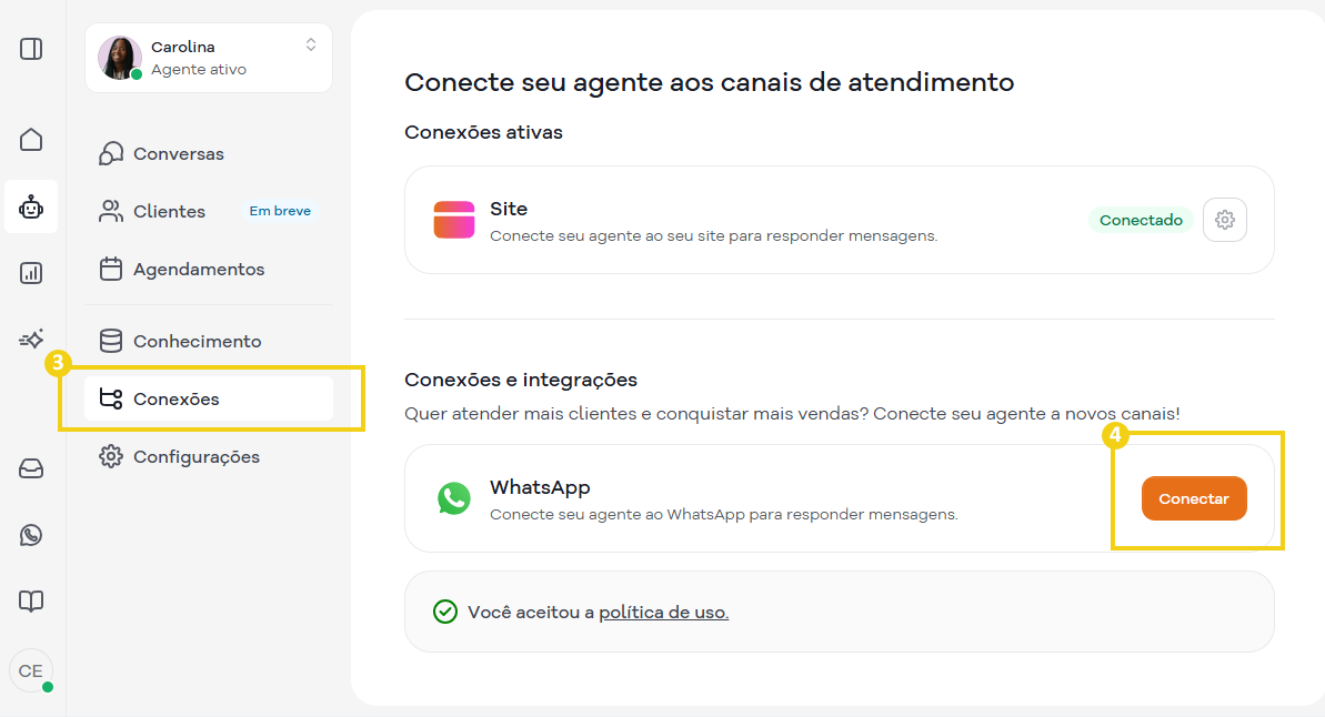Imagem do painel de configurações de conexão no sistema de atendimento ao cliente, destacando a opção de conectar WhatsApp e site. Interface moderna com destaque em cores escuras e botões laranja.