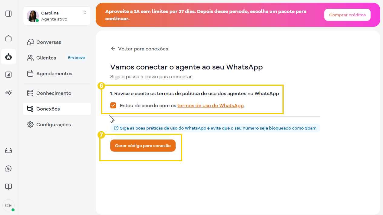 Imagem de tutorial mostrando como gerar código para conexão no WhatsApp usando o SuperGator, incluindo passos na tela e um rapaz explicando.