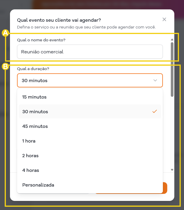 Imagem mostra a tela do painel SuperGator na área para criar o evento e informar o nome e a duração