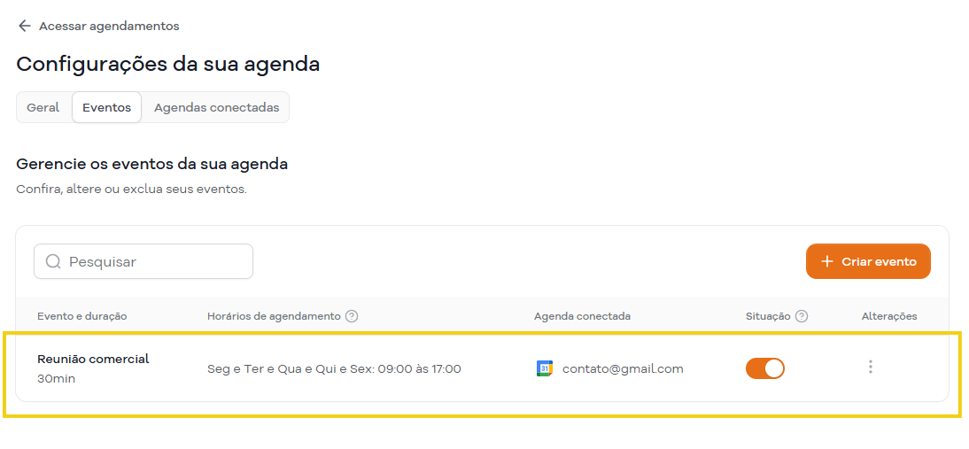 Imagem mostra a tela do painel SuperGator na área onde são listados os eventos criados