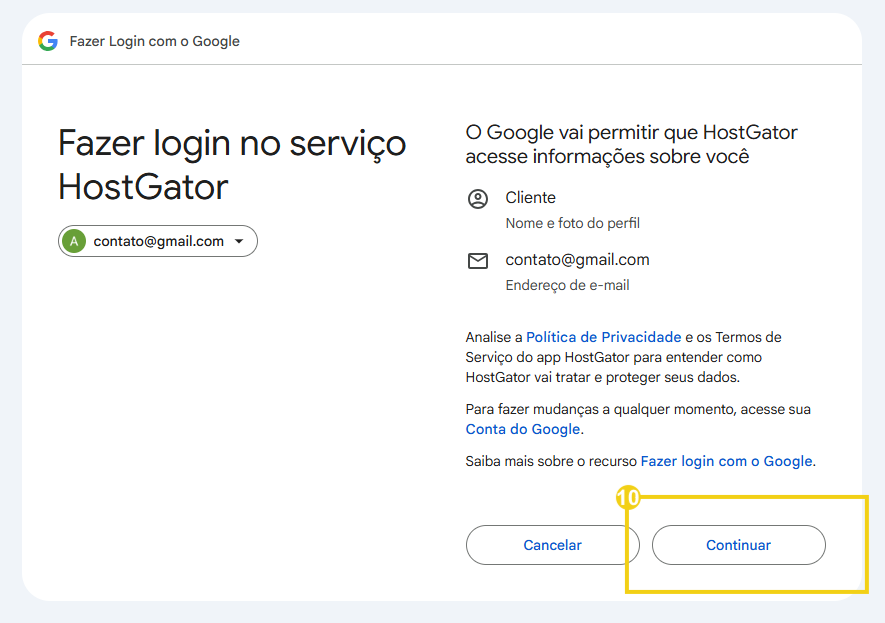 Imagem mostra a tela do Gmail para confirmar o login no serviço HostGator