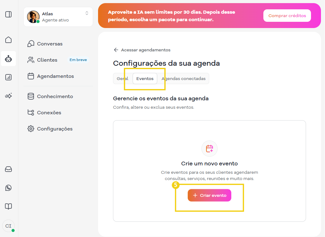 Imagem mostra a tela do painel SuperGator com o botão "+Criar evento"