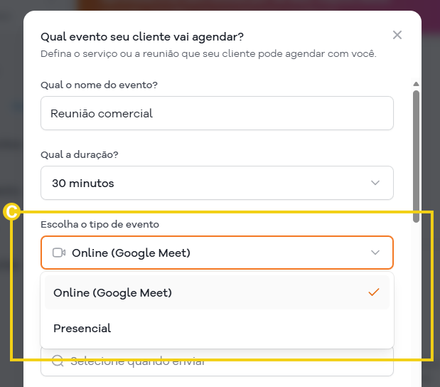 Imagem mostra a tela do painel SuperGator na área para criar o evento para escolher o tipo