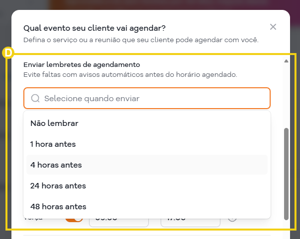 Imagem mostra a tela do painel SuperGator na área para criar o evento para definir o tempo de lembrete