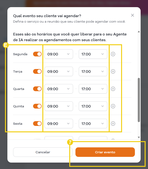 Imagem mostra a tela do painel SuperGator na área para criar o evento para definir os horários e concluir a criação do evento