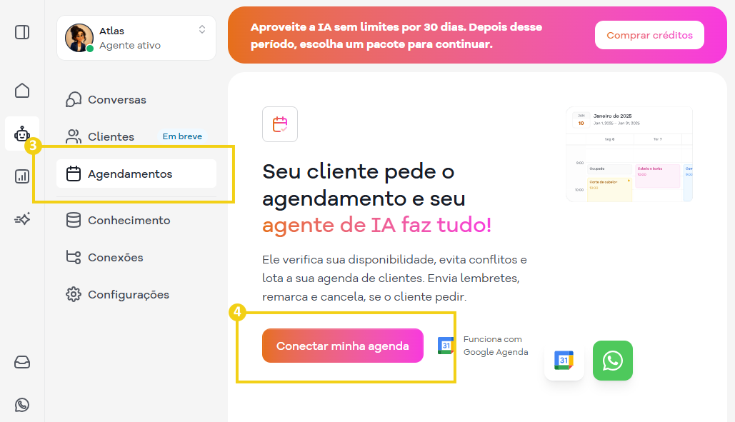 Imagem mostra a tela do painel SuperGator com marcação em "Agendamentos" e em seguida em "Conectar minha agenda"