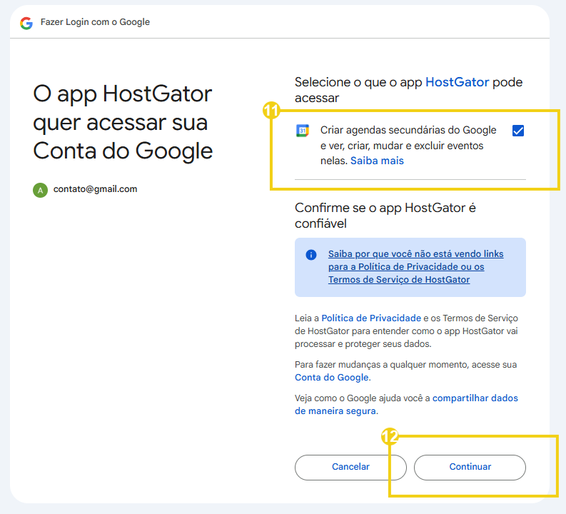 Imagem mostra a tela do Gmail para selecionar o que o app da HostGator pode acessar