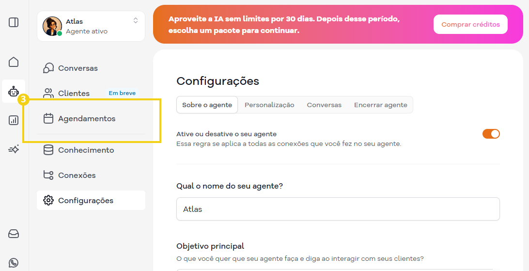 Imagem mostra a tela do painel SuperGator acessando no menu lateral "Agendamentos"
