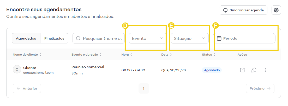 Imagem mostra a área do SuperGator que são listados os agendamentos realizados, com marcação em "Filtro/evento", "Situação" e "Período"