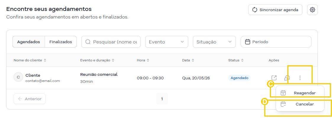 Imagem mostra a área do SuperGator que são listados os agendamentos realizados, com marcação em "Reagendar", "Cancelar"