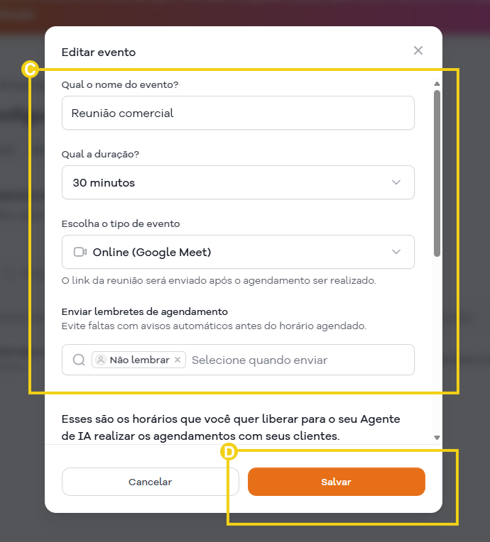Imagem mostra a tela com os campos para editar o evento