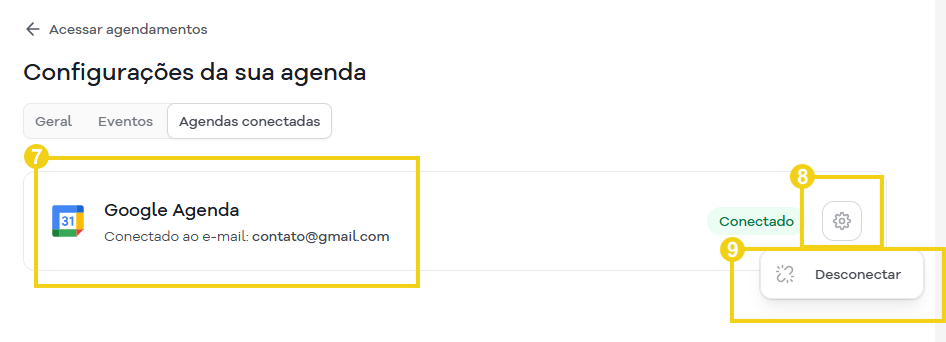 Imagem mostra a área do SuperGator que exibe as agendas conectadas, com a opção de desconectar