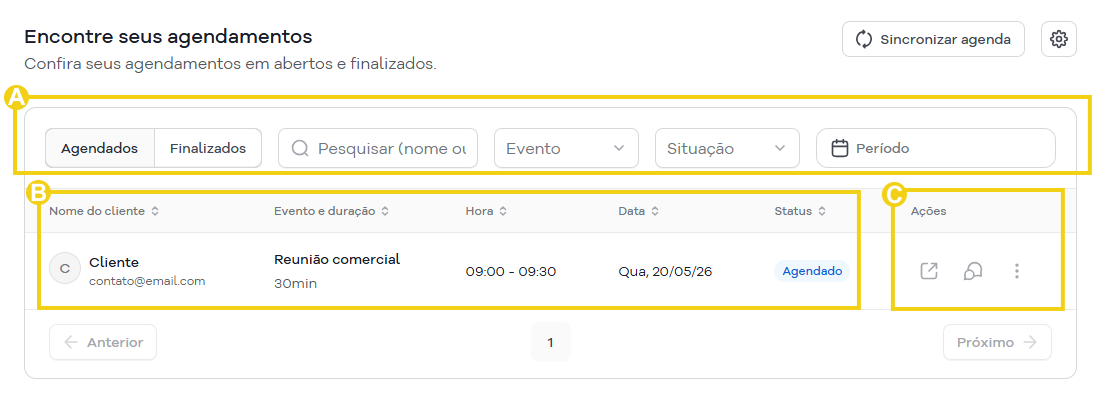 Imagem mostra a área do SuperGator que são listados os agendamentos realizados