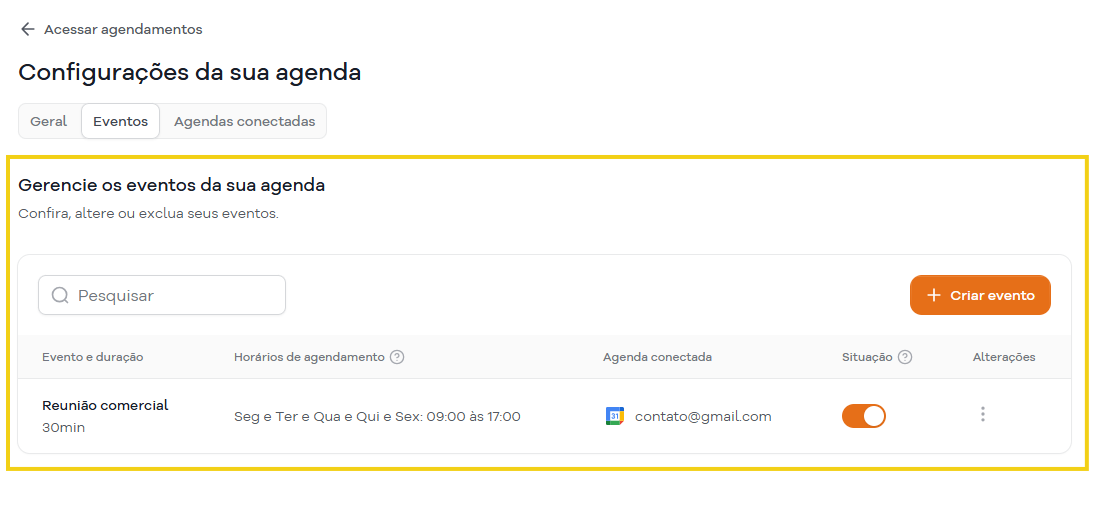 Imagem mostra a área do SuperGator para gerenciar os eventos da agenda