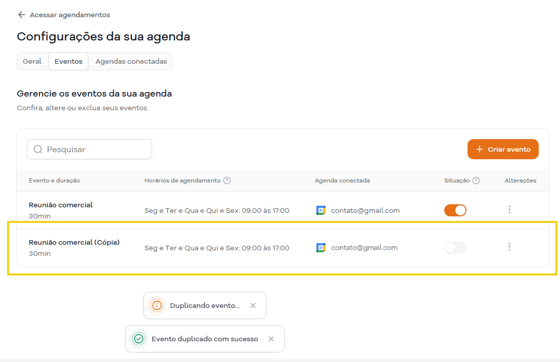 Imagem mostra a área do SuperGator que lista o evento duplicado