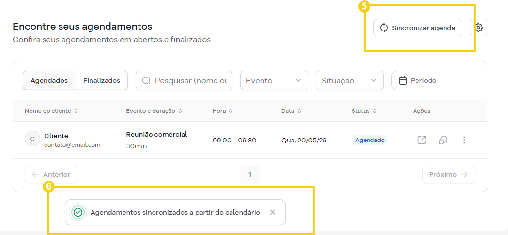 Imagem mostra a área do SuperGator que são listados os agendamentos realizados, com marcação no botão "Sincronizar agenda" e na mensagem que é exibida