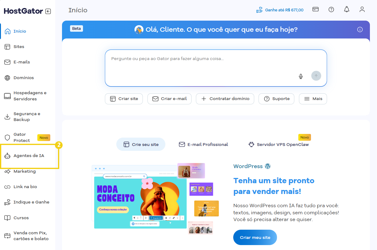 Imagem do Portal do Cliente da HostGator mostrando o acesso ao painel do SuperGator