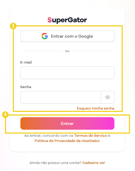 Imagem mostra a tela de login do Painel SuperGator para preencher o e-mail e senha ou entrar com o Google  