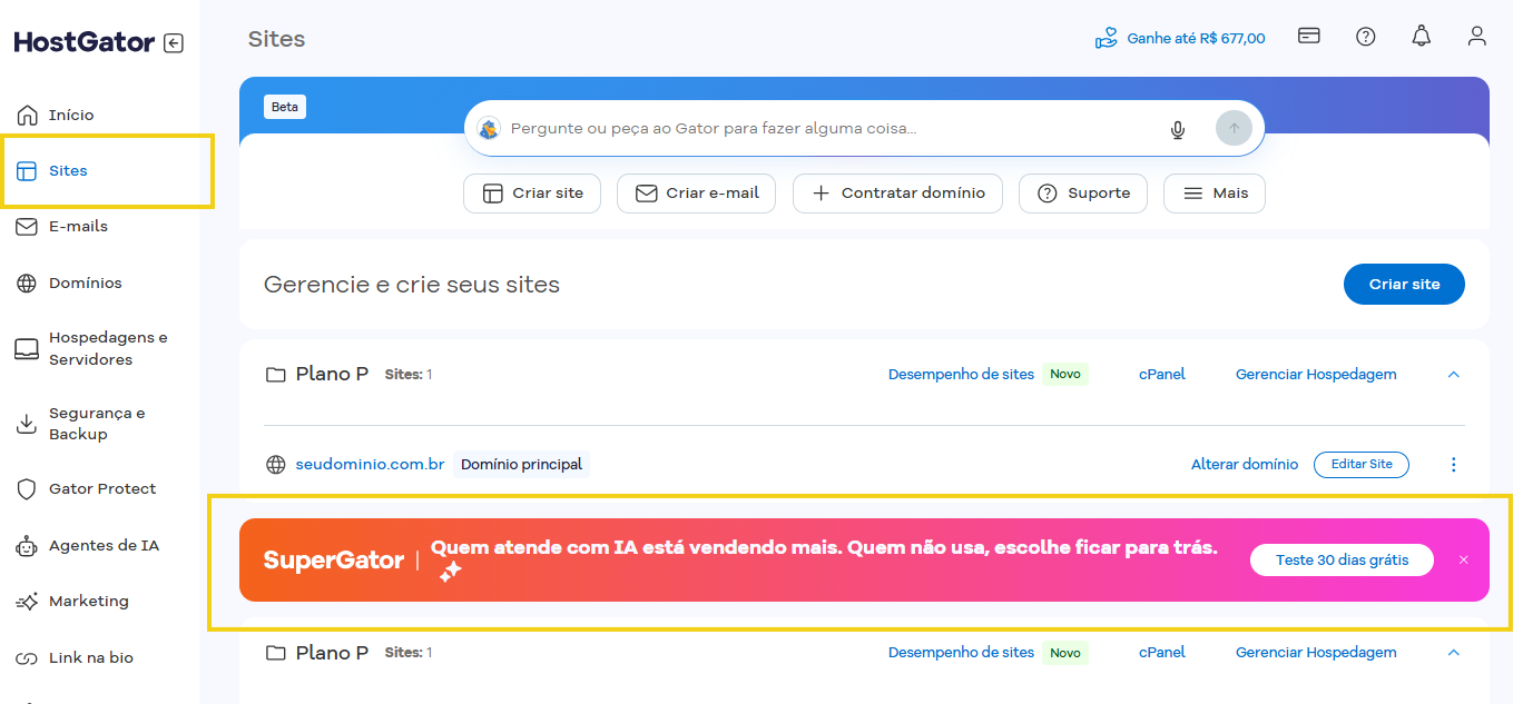 Imagem mostra a tela do Portal, na área de "Sites" com a opção de iniciar o teste grátis do SuperGator