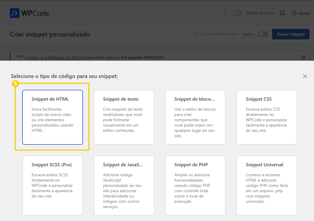 Imagem mostra a tela do WordPress com marcação no botão "Snippet de HTML"