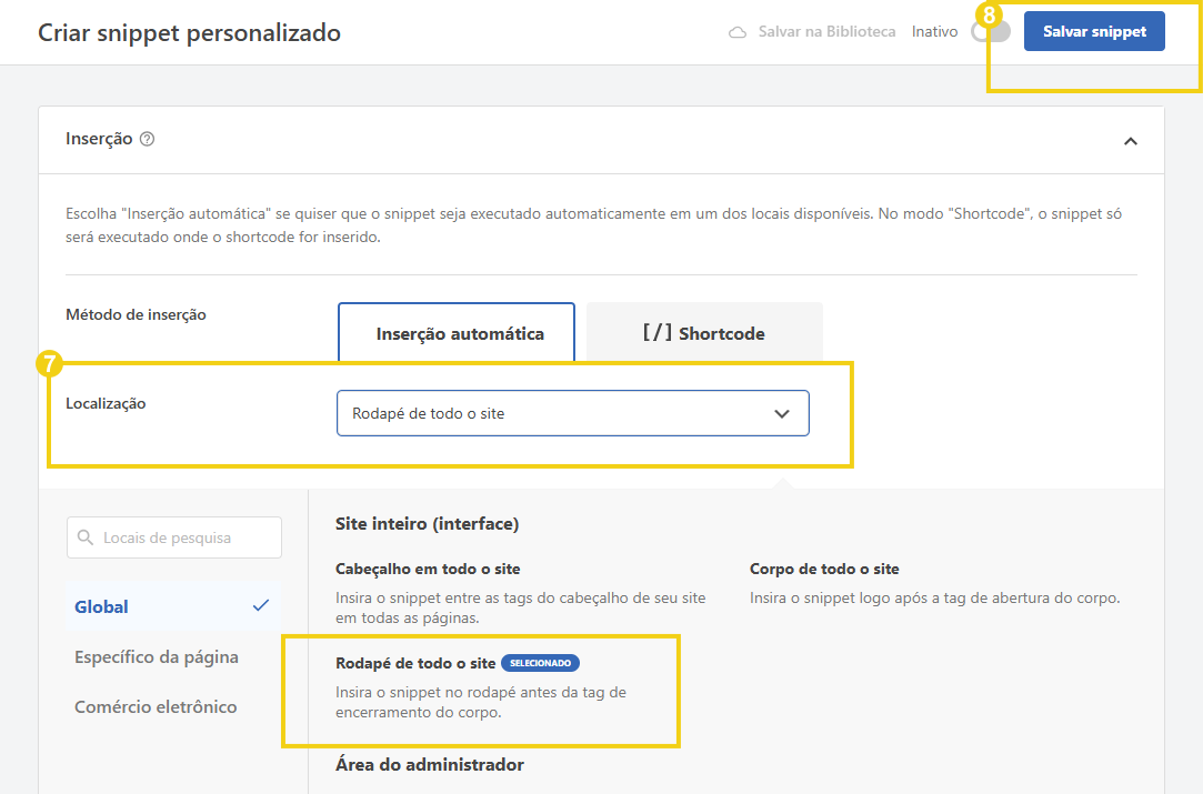 Imagem mostra a tela do WordPress com marcação na seção "Localização" e no botão para salvar