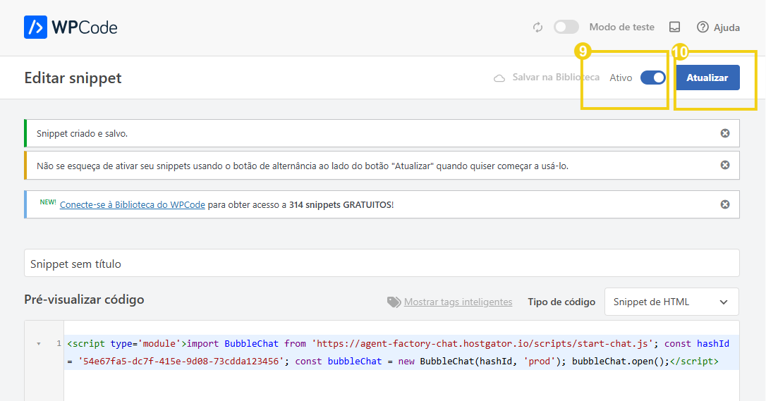 Imagem mostra a tela do WordPress com marcação no botão para ativar e atualizar