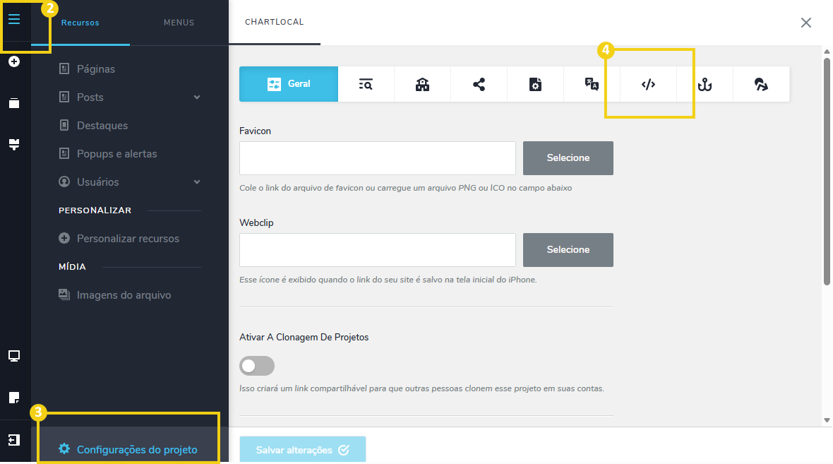 Imagem do painel do Criador de Sites com IA com marcação no fluxo de acesso a área de adicionar código
