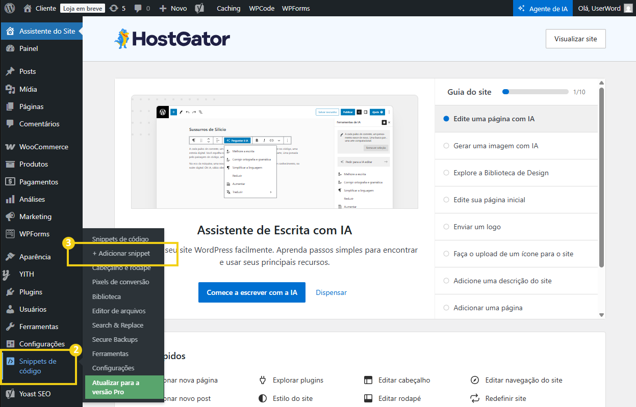 Imagem mostra a tela do WordPress com o fluxo do plugin instalado