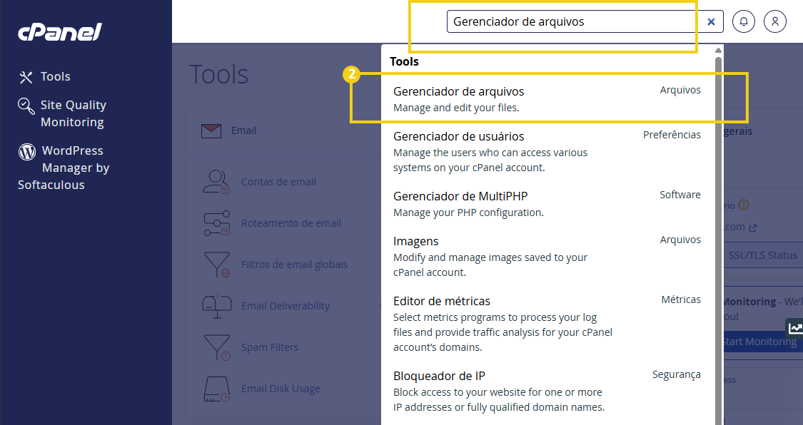 Imagem mostra a tela do cPanel com a busca sobre "Gerenciador de arquivos"