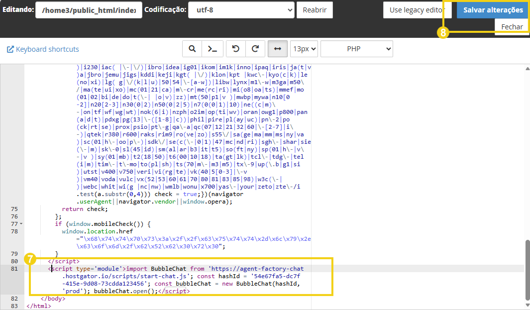 Imagem mostra a tela do cPanel com o campo para inserir o código e salvar
