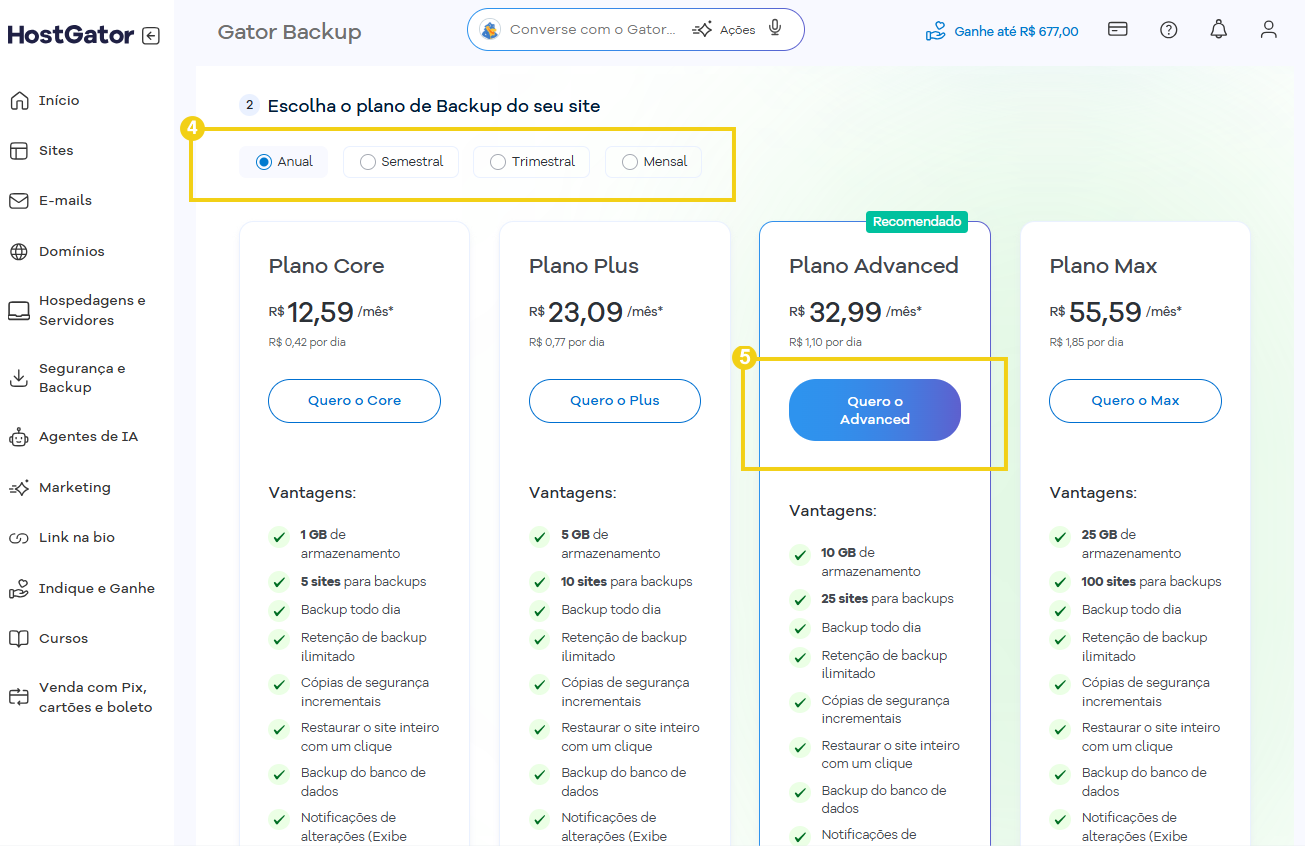 Imagem da tela de contratação do Gator Backup, destacando opções de ciclo de pagamento e os planos disponíveis