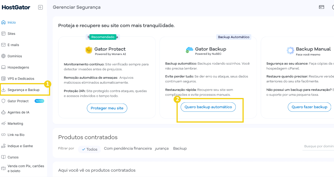 Imagem mostra Portal do Cliente da HostGator, destacando a opção "Segurança e Backup" e botão "Quero backup automatico" do Gator Protect