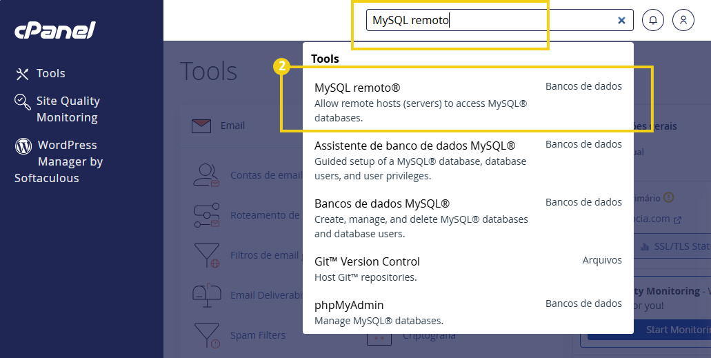 Imagem mostra a tela do cPanel e no campo de busca "MySQL remoto"