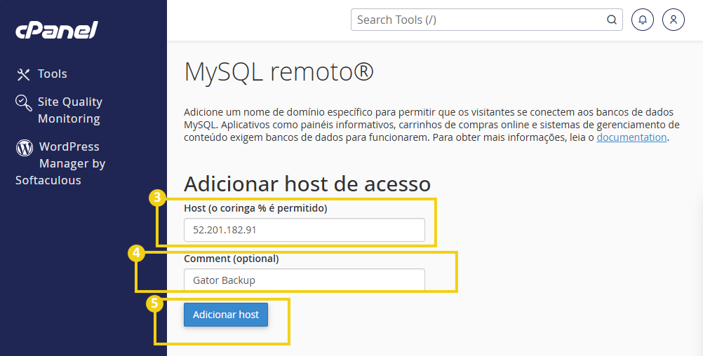 Imagem mostra a tela do cPanel e os campos para adicionar o IP