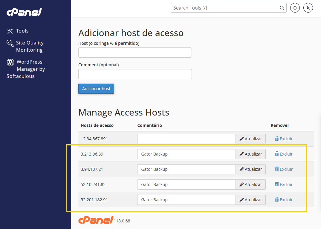 Imagem mostra a tela do cPanel e a seção com todos os IPs adicionados