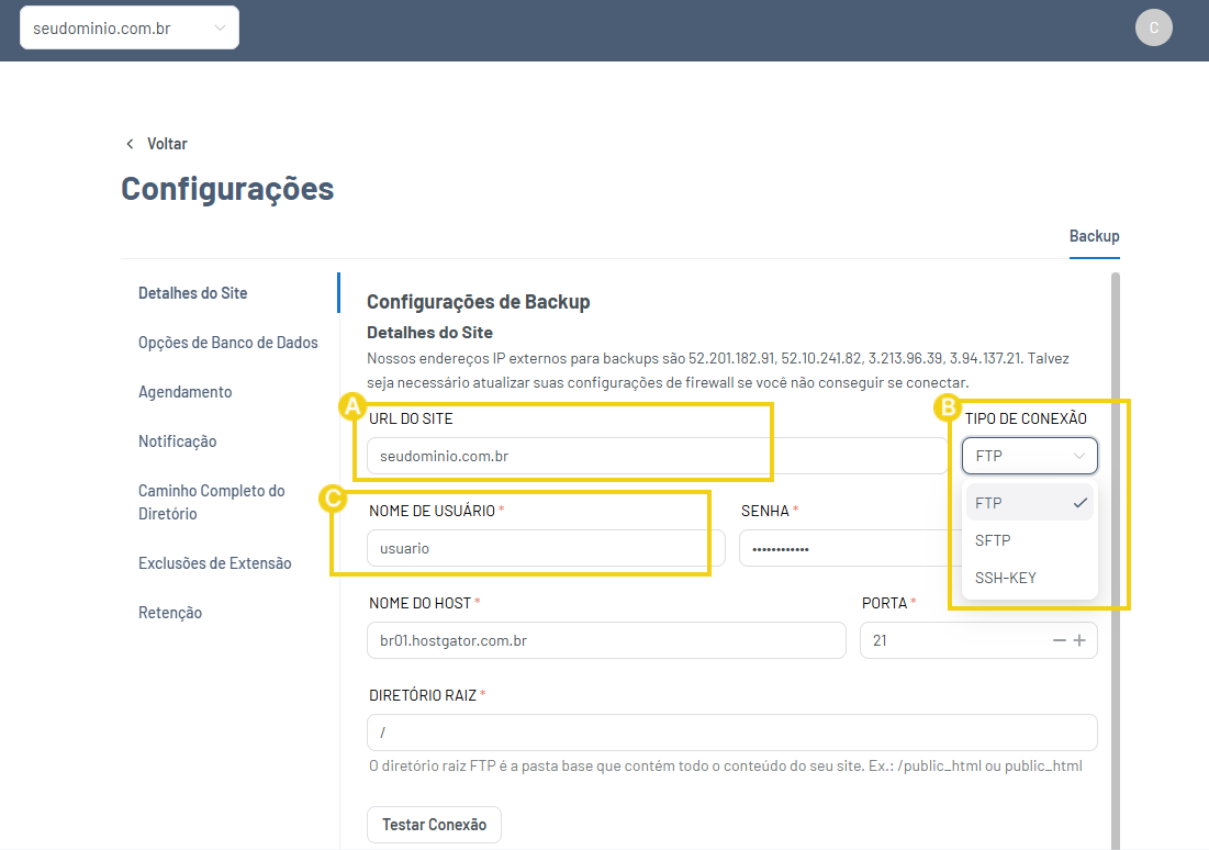 Imagem mostrando a área de configurações do backup, destacando os campos necessários para preenchimento