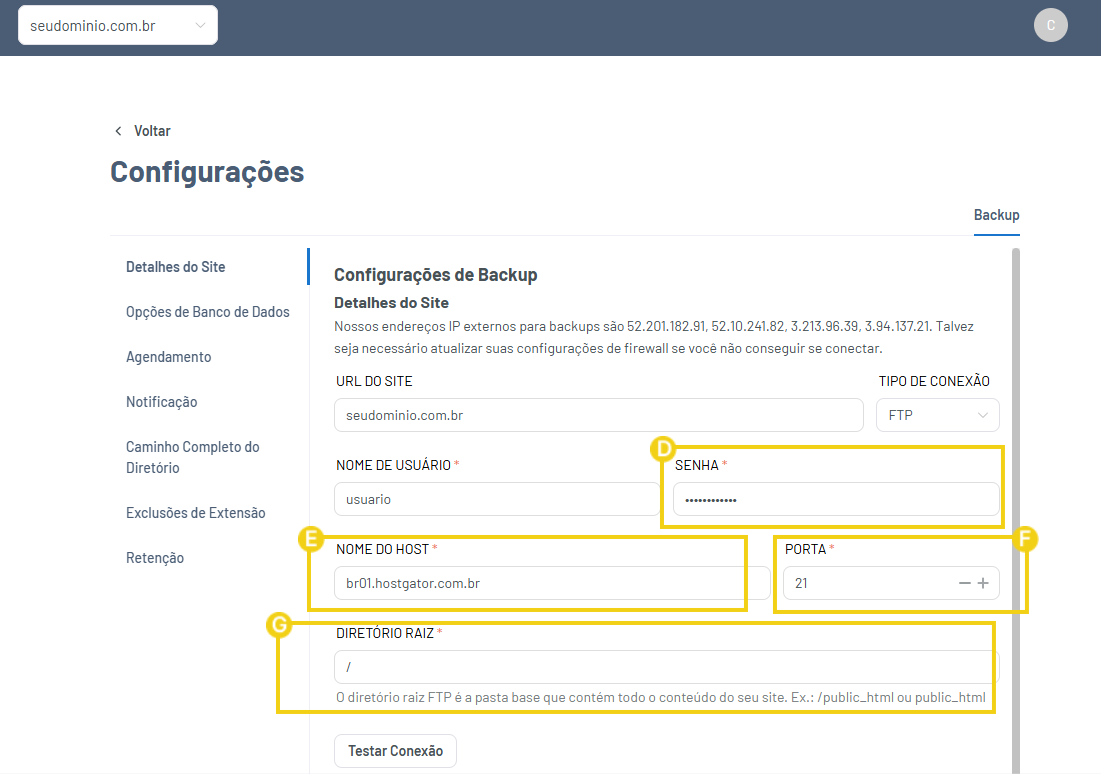 Imagem mostrando a área de configurações do backup, destacando os campos necessários para preenchimento