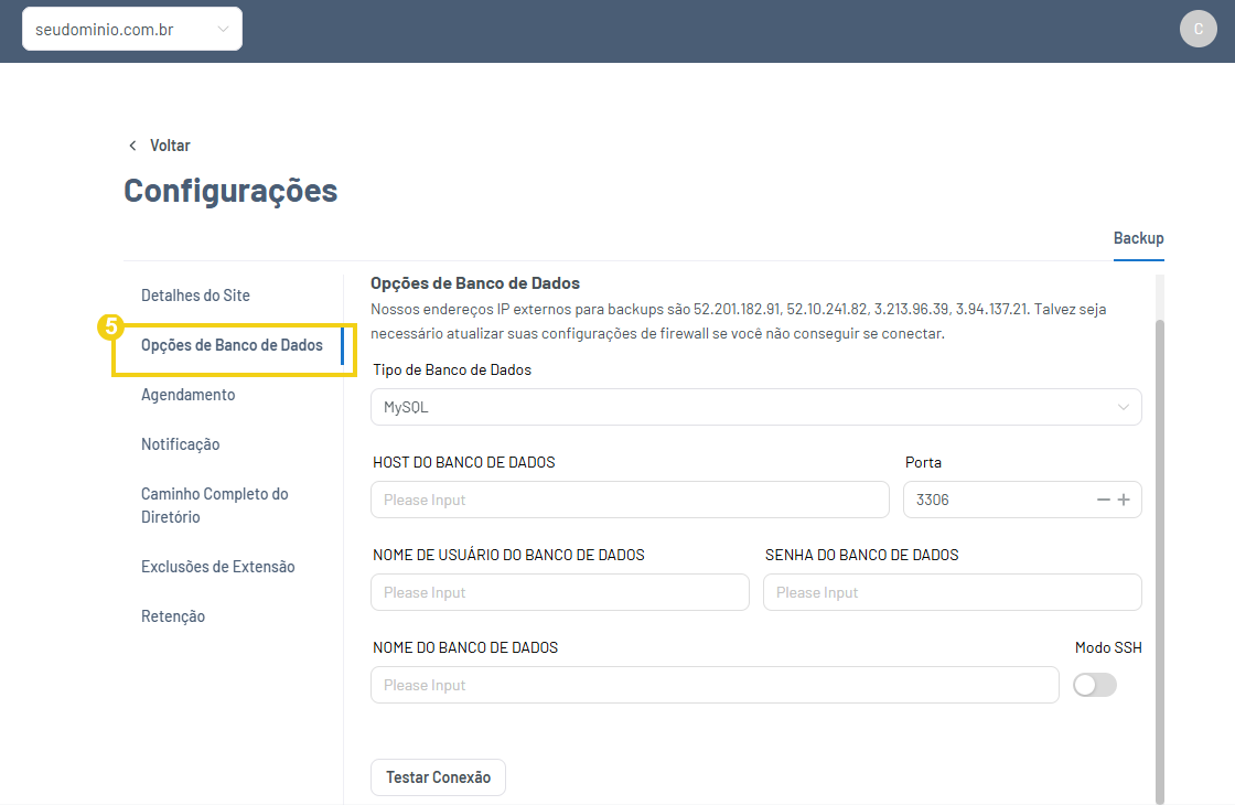  Imagem mostrando a opção Banco de dados nas configurações do Gator Backup 