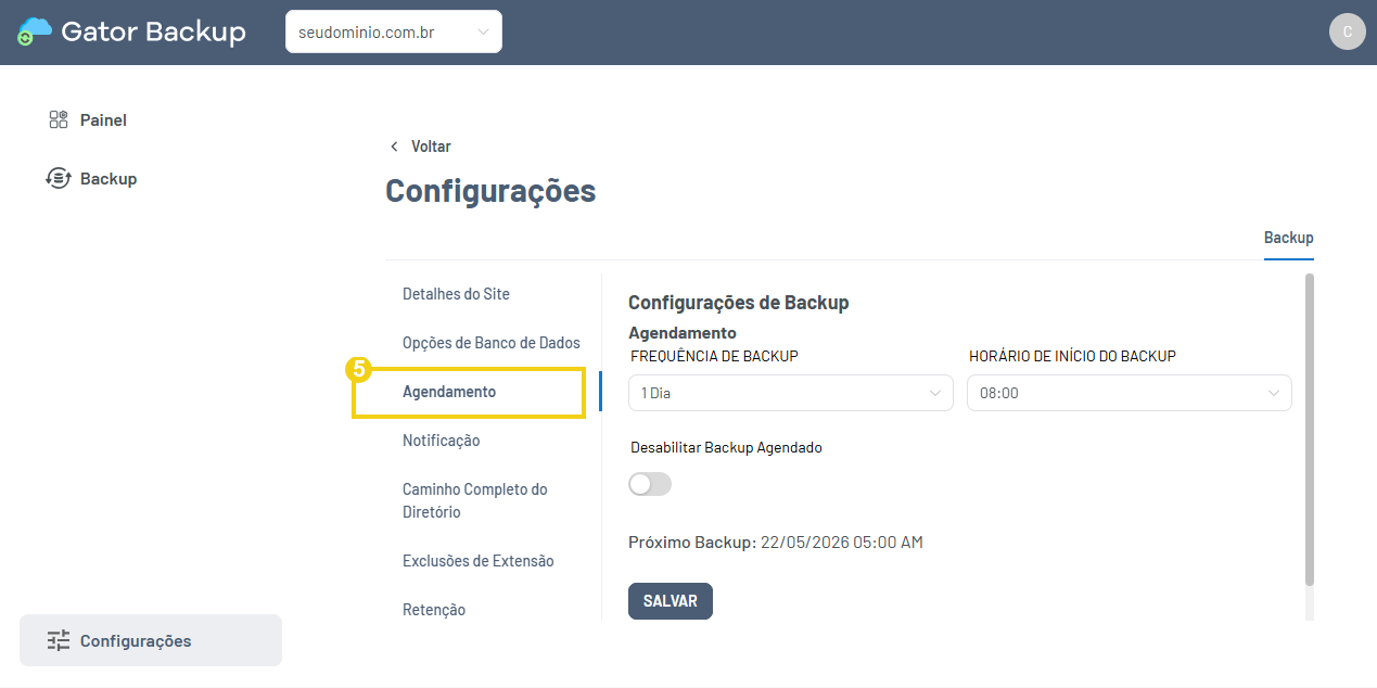 Imagem destaca opção "Agendamento" do painel do Gator Backup