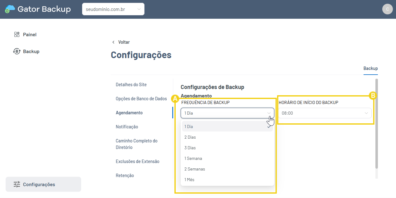 Imagem mostra as opções de frequencia de backup e horário de início do backup para definição