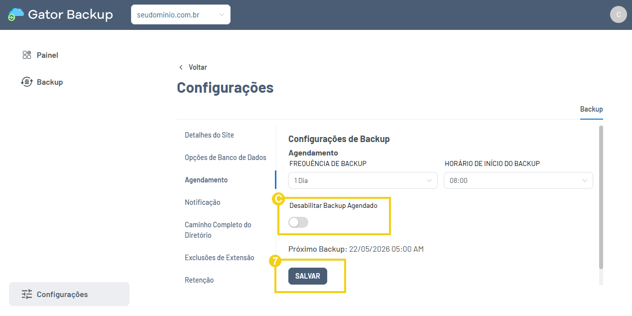 Imagem do painel do Gator Backup, destacando opção para desabilitar o backup agendado e também o botão para salvar