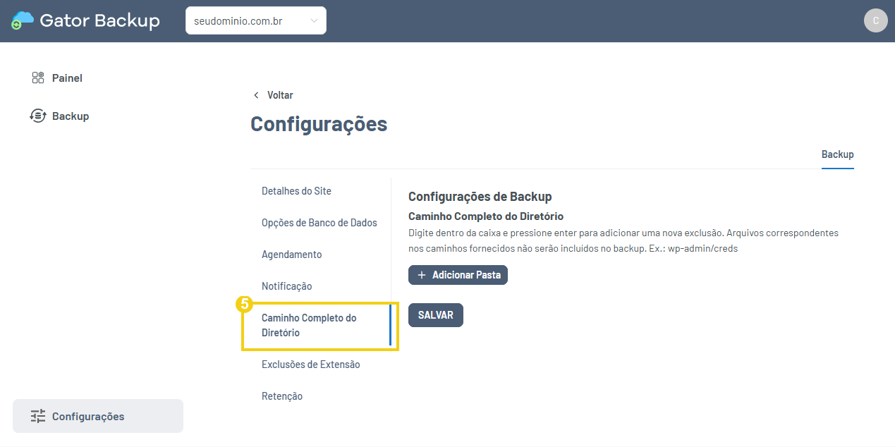 Imagem mostra painel de gerenciamento do Gator Backup, mostrando a opção "Caminho completo do diretório)
