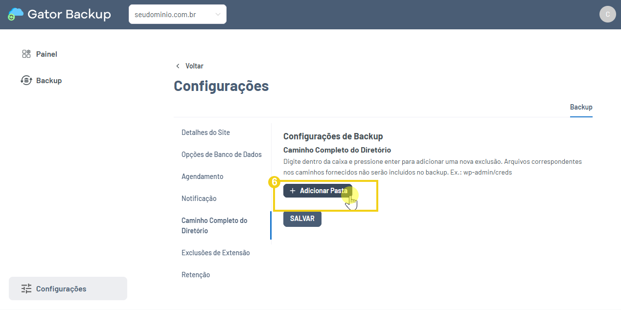 Imagem mostra botão "+adicionar pasta" para especificar o diretório